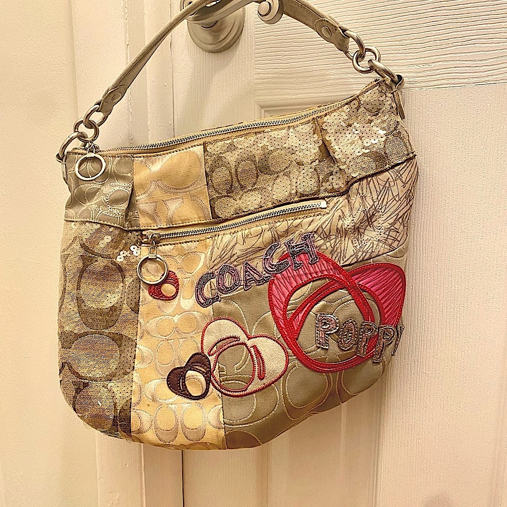 Coach Gold and Red Shoulder Bag with Signature Pattern